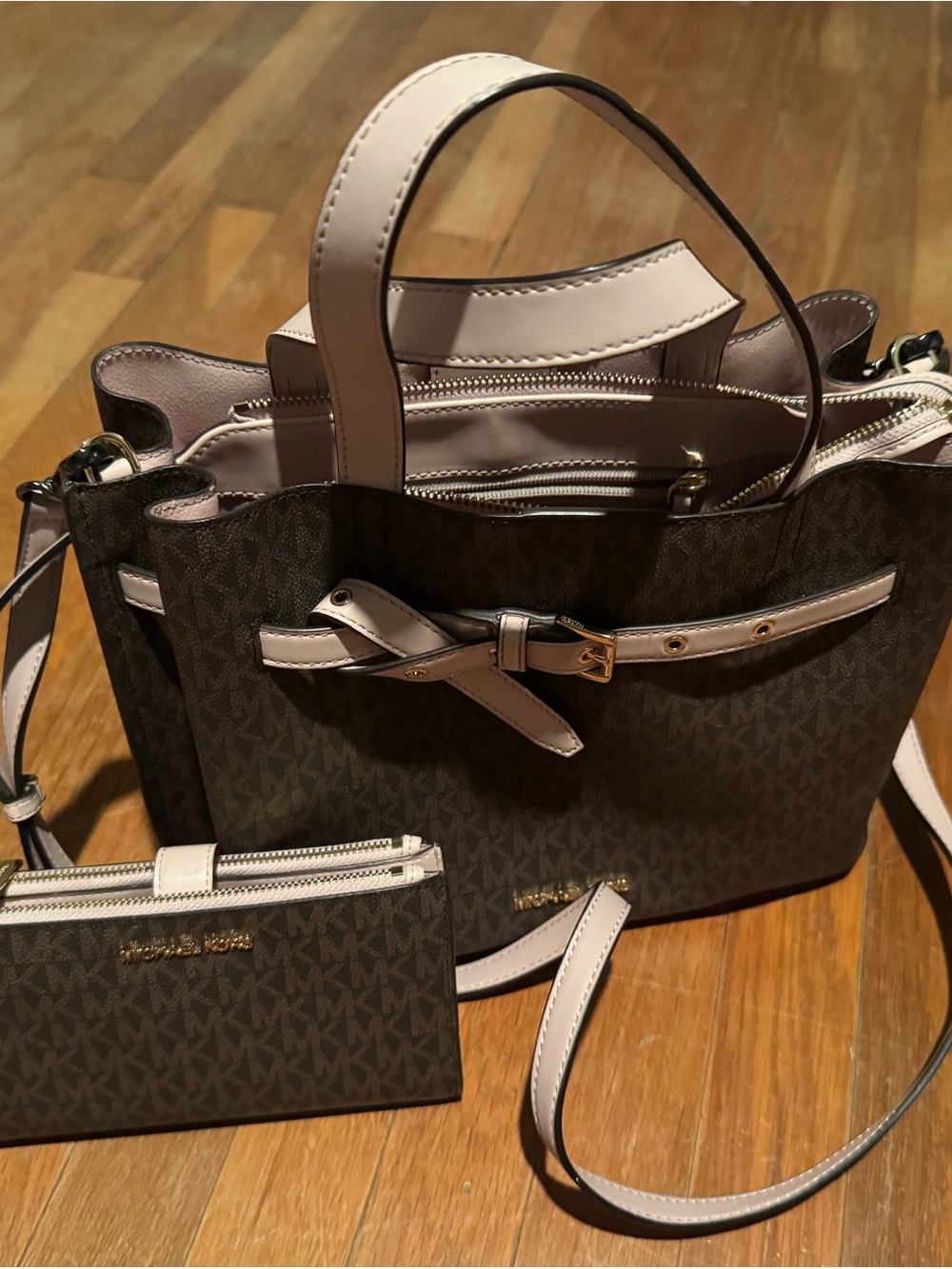 Michael Kors Brown Logo Crossbody with Pale Pink Trim